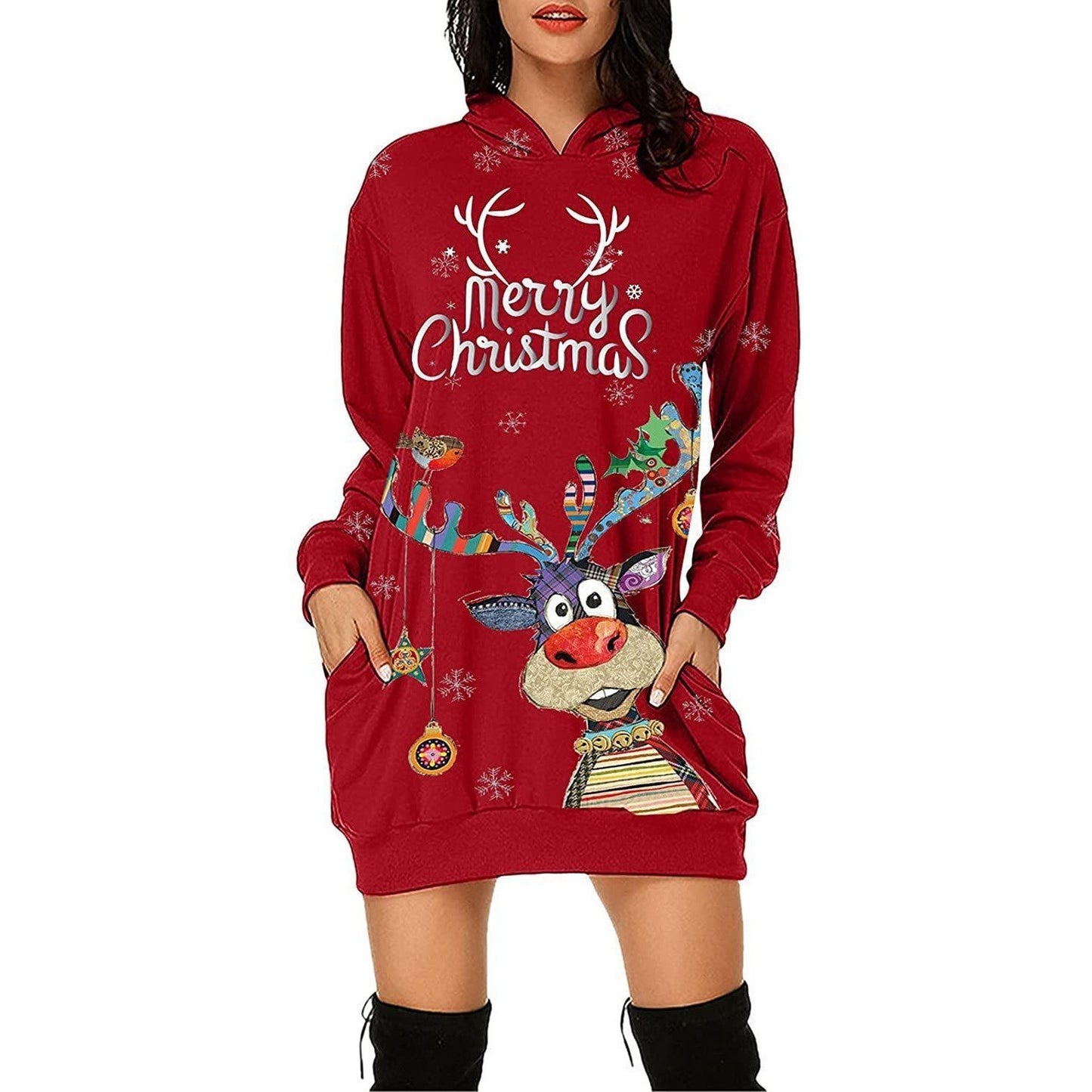 Langärmliges Weihnachtskapuzenkleid mit Print für Damen
