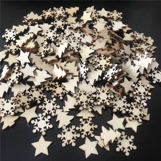 50er Set Holz-Weihnachtsdekorationen: Weihnachtsbaum, Schneeflocken & Sterne