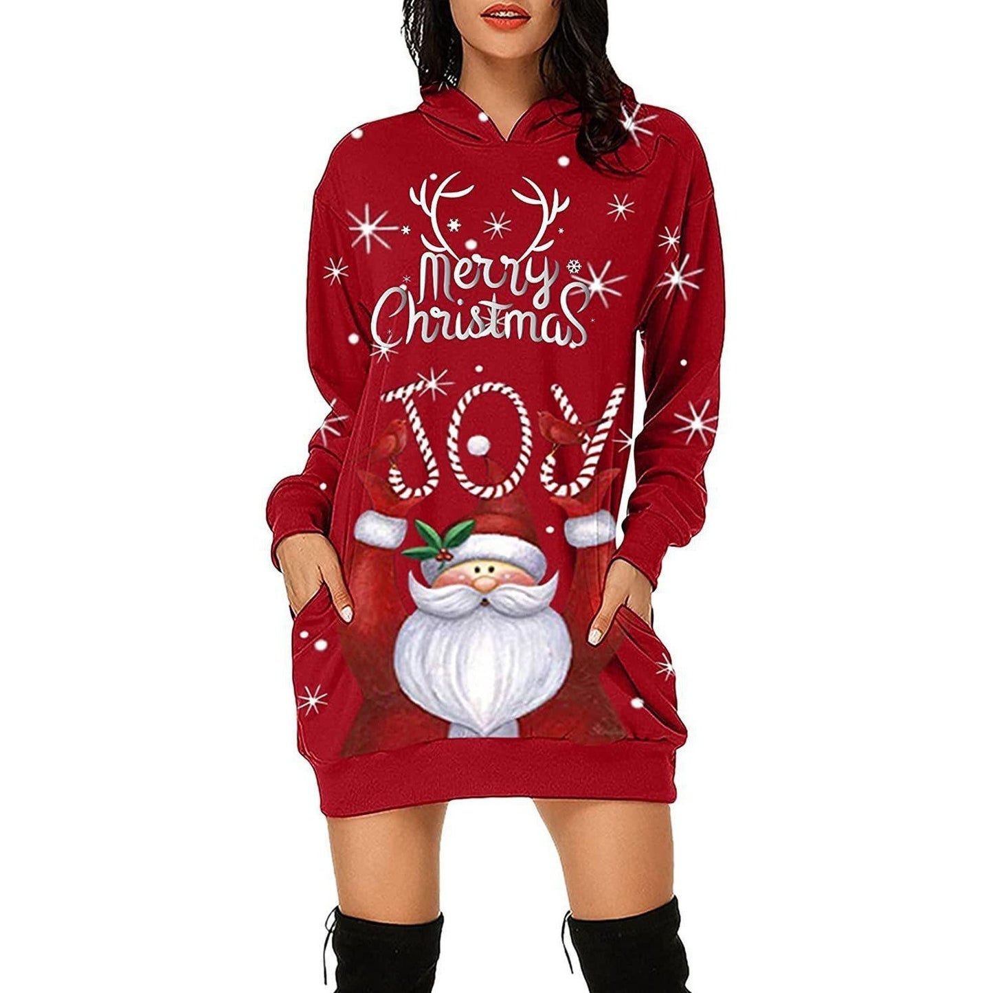 Langärmliges Weihnachtskapuzenkleid mit Print für Damen