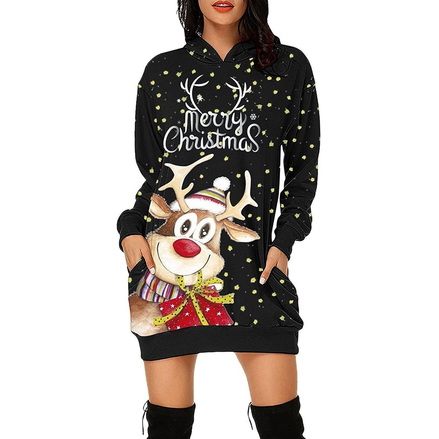 Langärmliges Weihnachtskapuzenkleid mit Print für Damen